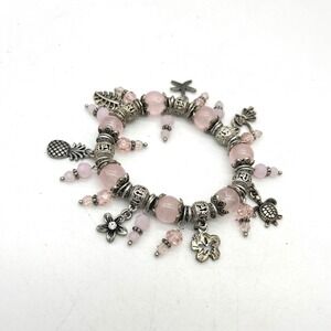 Pink Quartz Bead Tropical Charm Stretch Bracelet Silver Tone Beach Theme 6in
